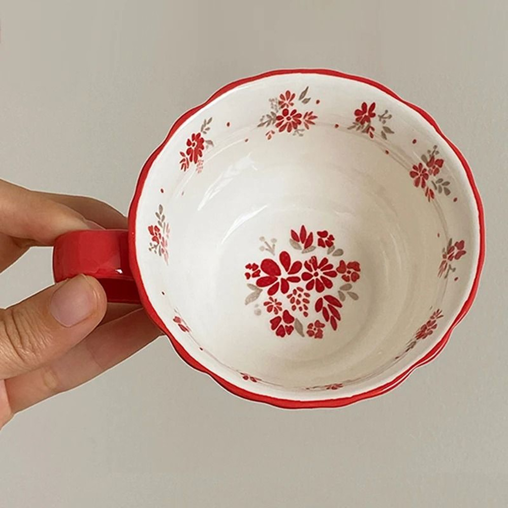 Vintage Red Floral Lace Ceramic Coffee Cup 2