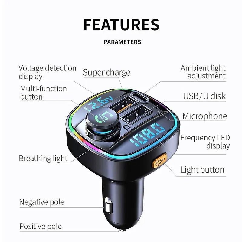 Bluetooth 50 FM Transmitter Handsfree Car Radio Modulator MP3 Player With 225W USB Super Quick Char 4