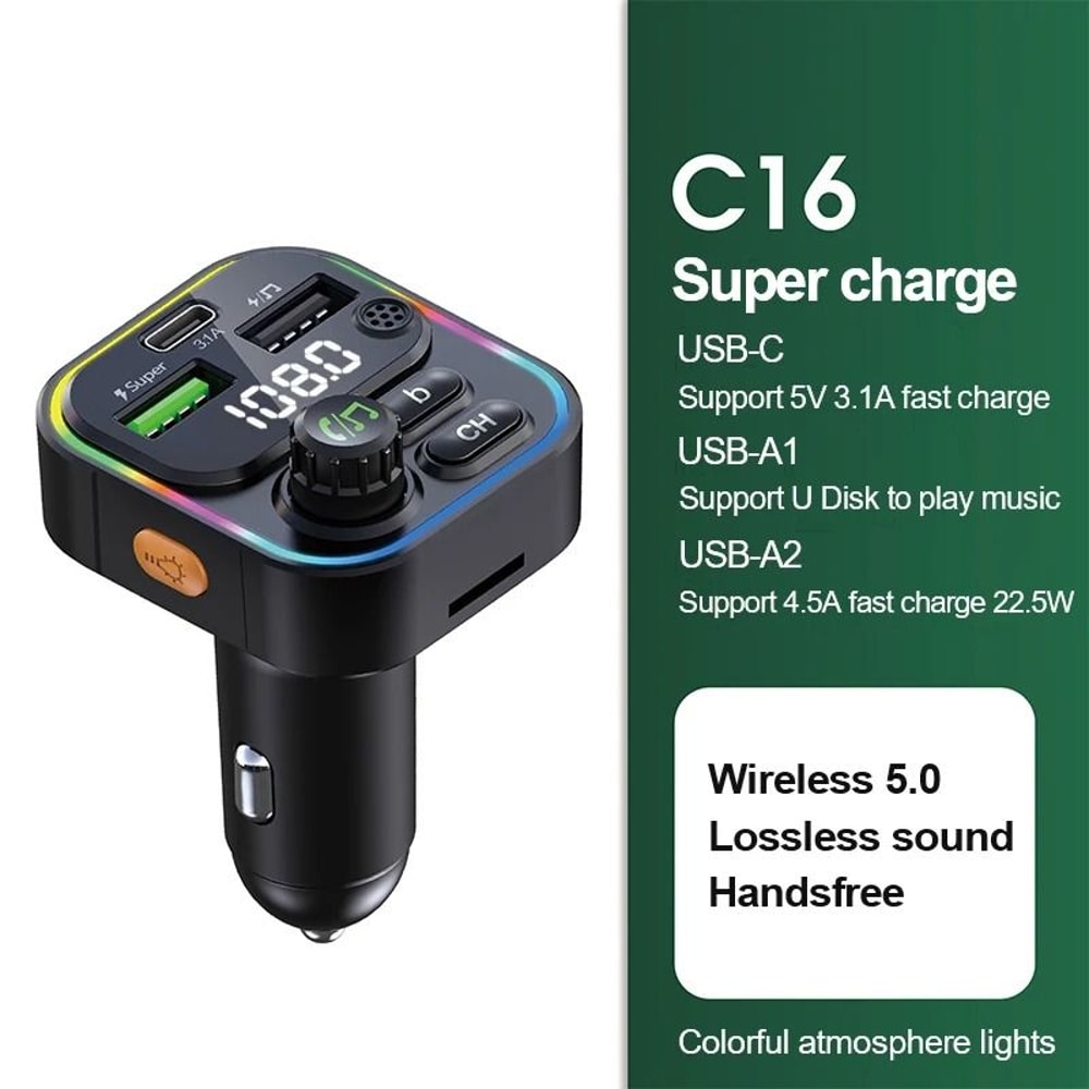 Bluetooth 50 FM Transmitter Handsfree Car Radio Modulator MP3 Player With 225W USB Super Quick Char 8