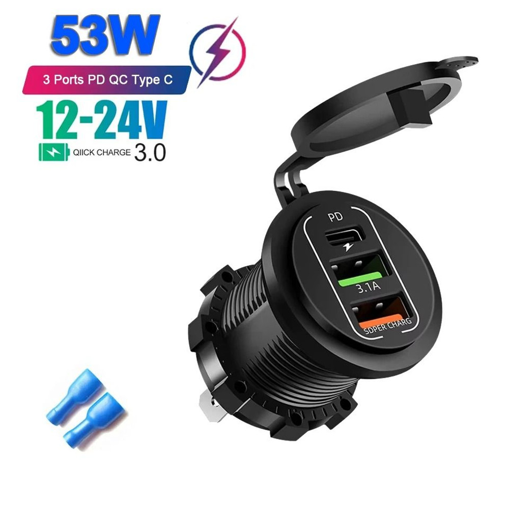 Car Charger Socket Dual Type C And Dual USB Fast Charging Socket With Voltmeter 9