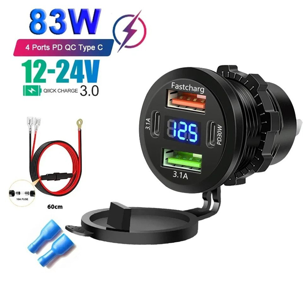 Car Charger Socket Dual Type C And Dual USB Fast Charging Socket With Voltmeter 8