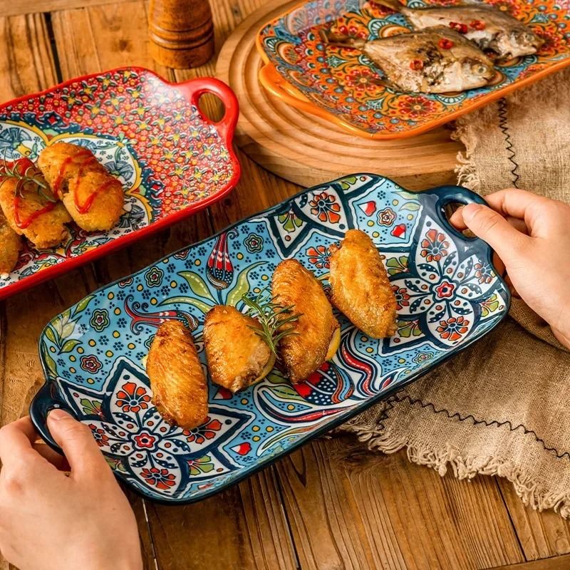 Bohemian Double Eared Ceramic Fish Plate Large 13in Serving Platter 1