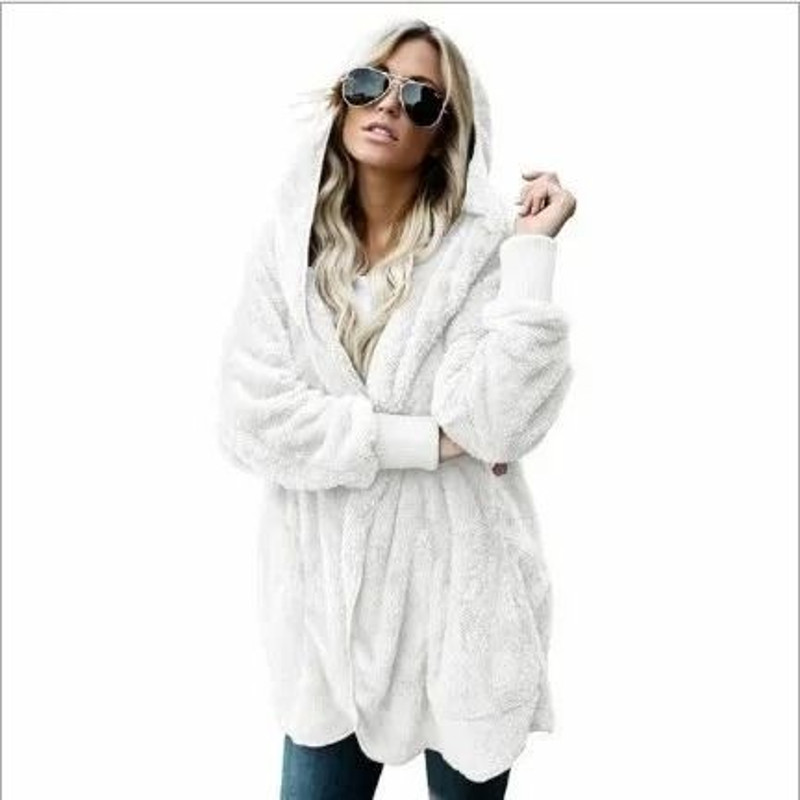 Autumn Winter Double Fleece Cardigan Jacket Women Solid Color Long Sleeve Plush Warm Hooded Lady Ja 12