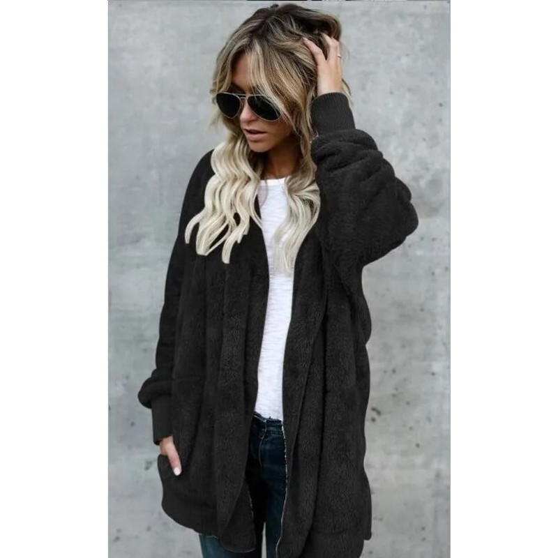 Autumn Winter Double Fleece Cardigan Jacket Women Solid Color Long Sleeve Plush Warm Hooded Lady Ja 8