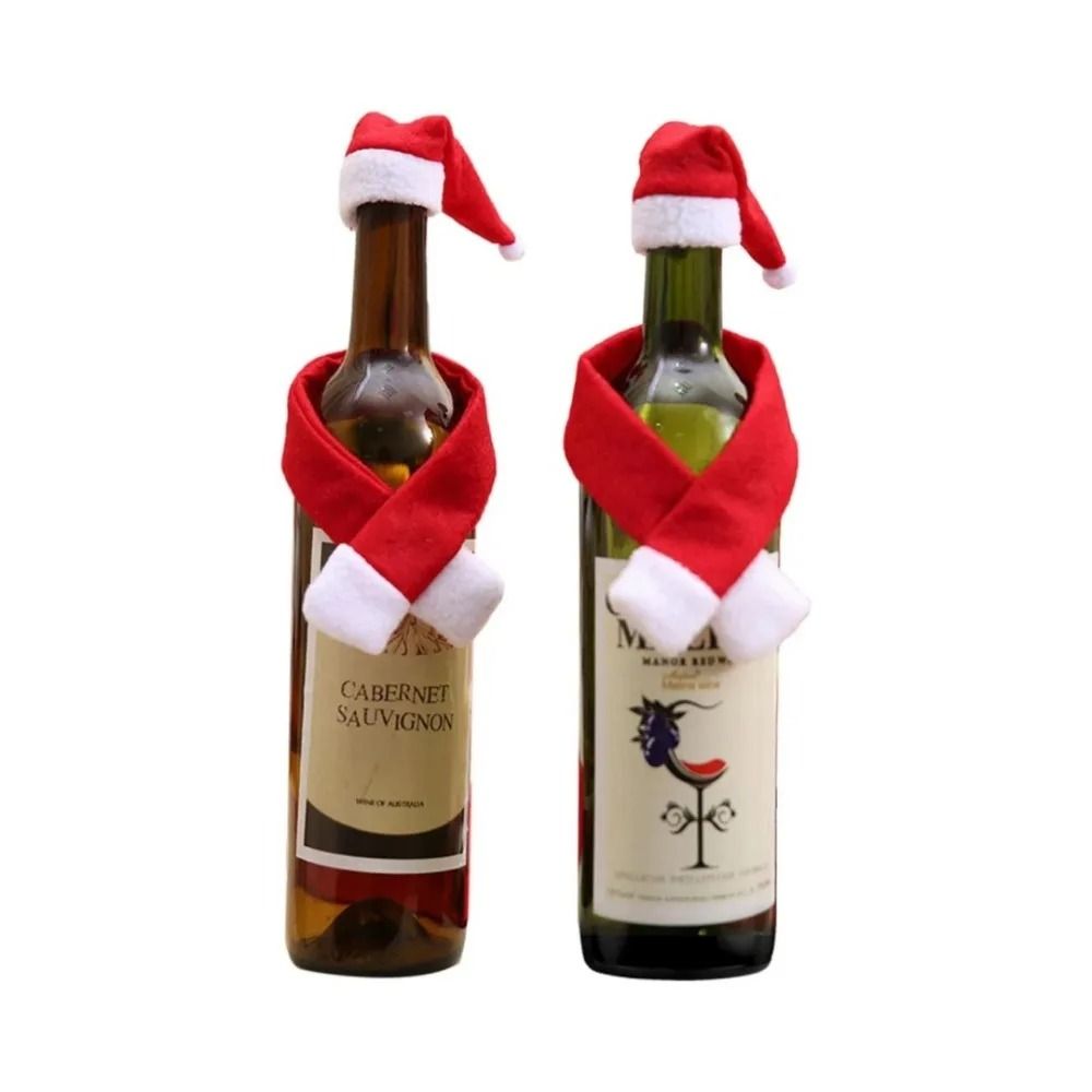 Christmas Wine Bottle Cover Red Mini Santa Scarf And Hat Wine Bottle Gift For Xmas Tree Navidad Chr 3