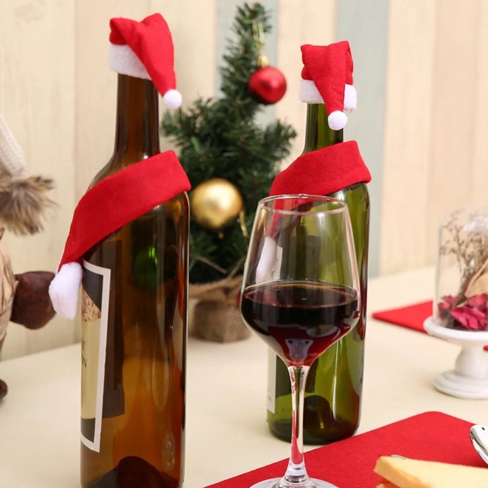 Christmas Wine Bottle Cover Red Mini Santa Scarf And Hat Wine Bottle Gift For Xmas Tree Navidad Chr 5