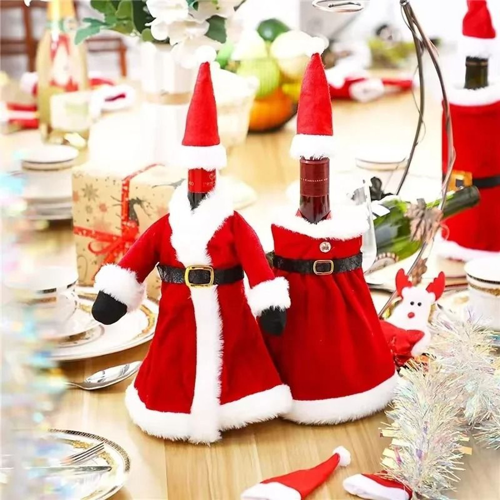 Creative Christmas Wine Bottle Dress Set Golden Velvet Santa Snowman Bottle Covers Holiday Table De 2