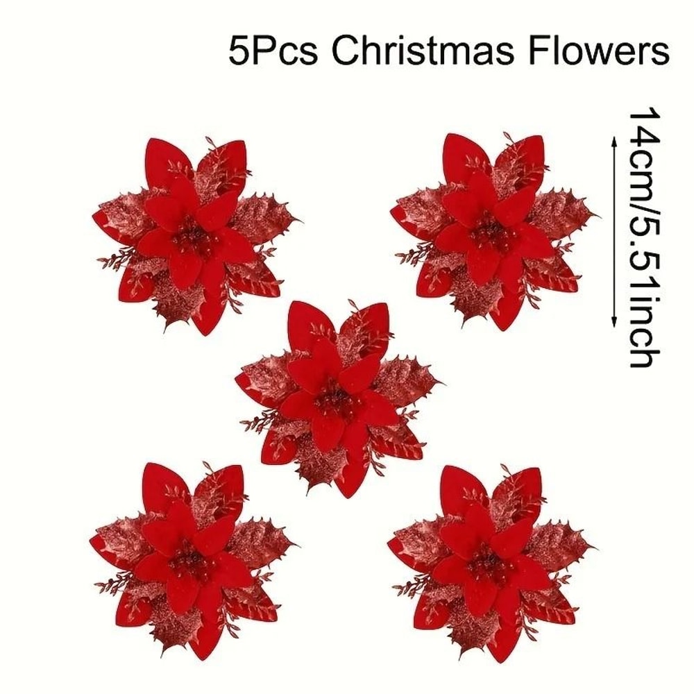 Glitter Artificial Flowers 14cm Fake Christmas Flowers Tree Ornament Holiday Decoration 9