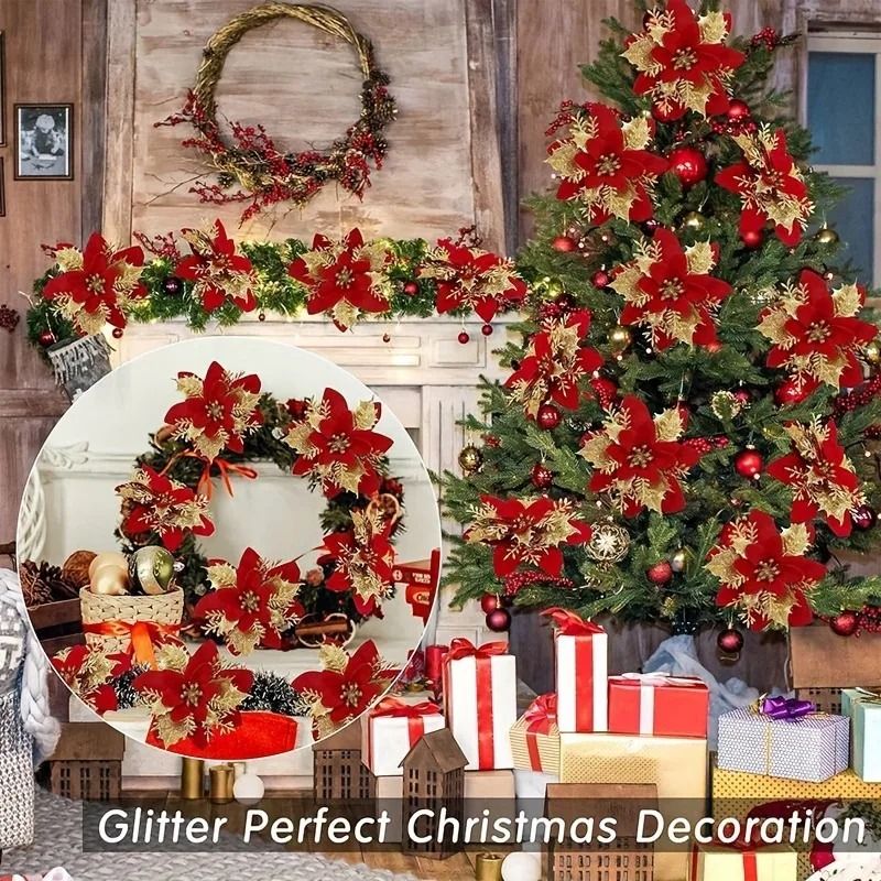 Glitter Artificial Flowers 14cm Fake Christmas Flowers Tree Ornament Holiday Decoration 4