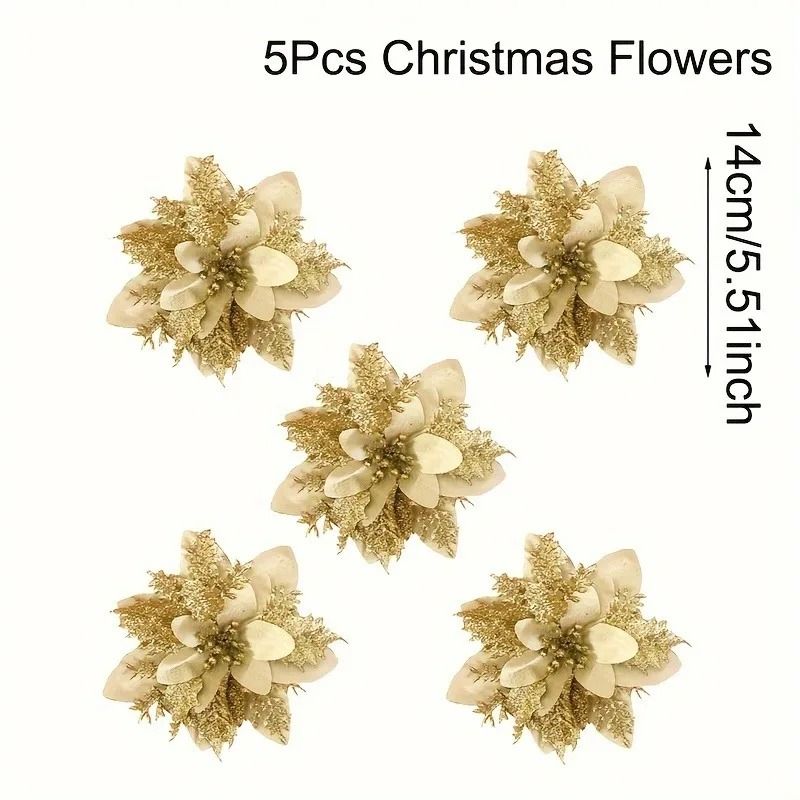 Glitter Artificial Flowers 14cm Fake Christmas Flowers Tree Ornament Holiday Decoration 5