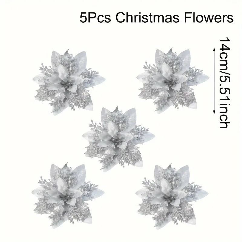 Glitter Artificial Flowers 14cm Fake Christmas Flowers Tree Ornament Holiday Decoration 6