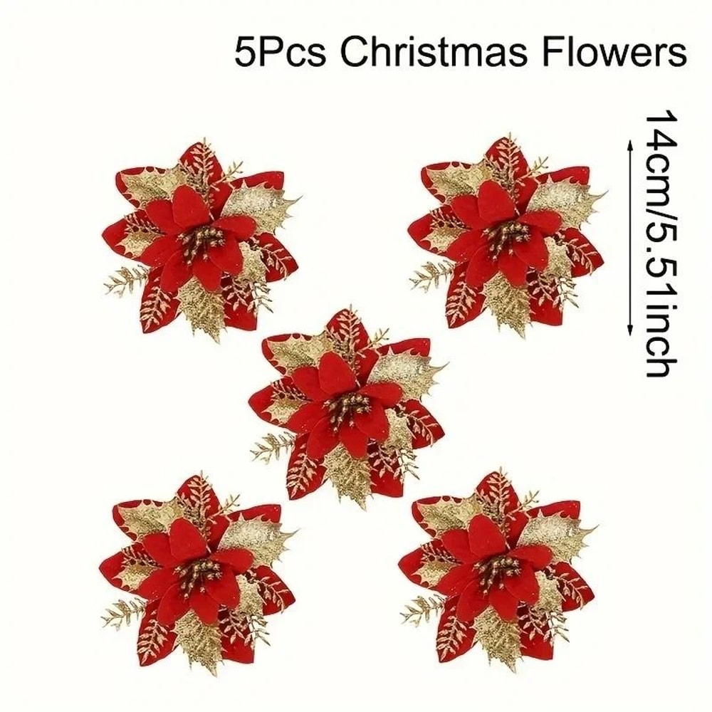 Glitter Artificial Flowers 14cm Fake Christmas Flowers Tree Ornament Holiday Decoration 7
