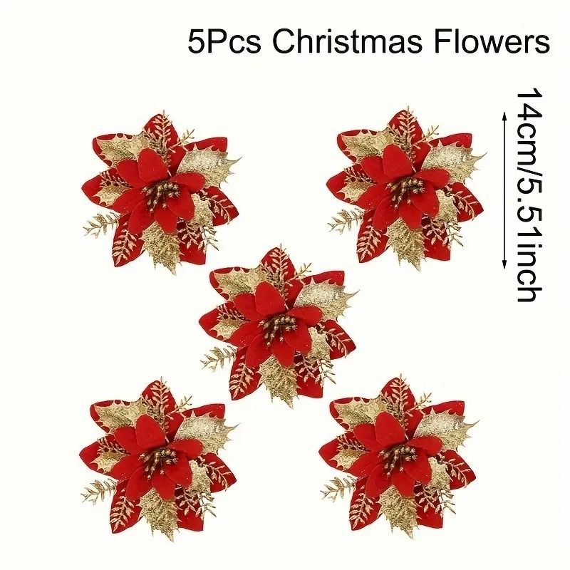 Glitter Artificial Flowers 14cm Fake Christmas Flowers Tree Ornament Holiday Decoration 7