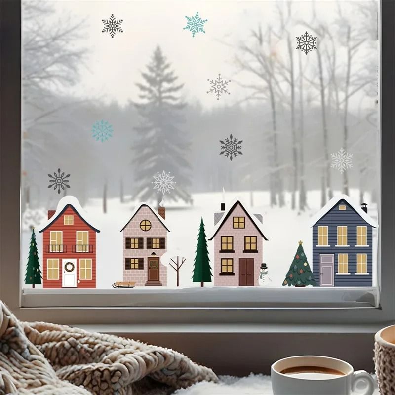 Christmas Houses Window Stickers Removable Holiday Glass Decals For Home Decoration 0