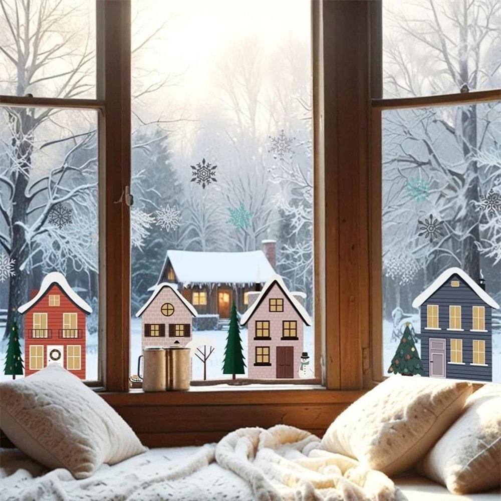 Christmas Houses Window Stickers Removable Holiday Glass Decals For Home Decoration 3