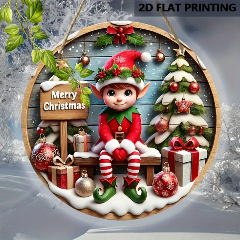 Charming Christmas Elf Wooden Sign Round Holiday Home Party Decoration 1