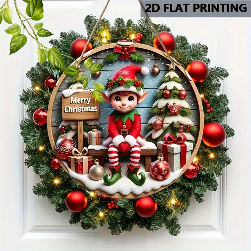 Charming Christmas Elf Wooden Sign Round Holiday Home Party Decoration 3