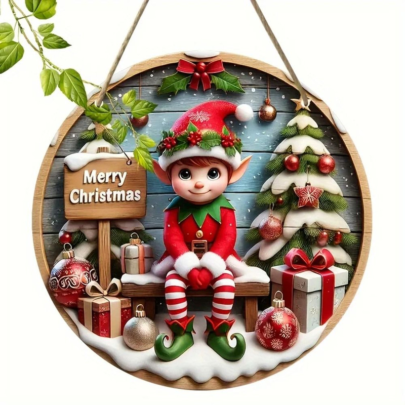 Charming Christmas Elf Wooden Sign Round Holiday Home Party Decoration 4