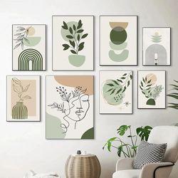 boho sage green plants abstract geometric wall art canvas decoration