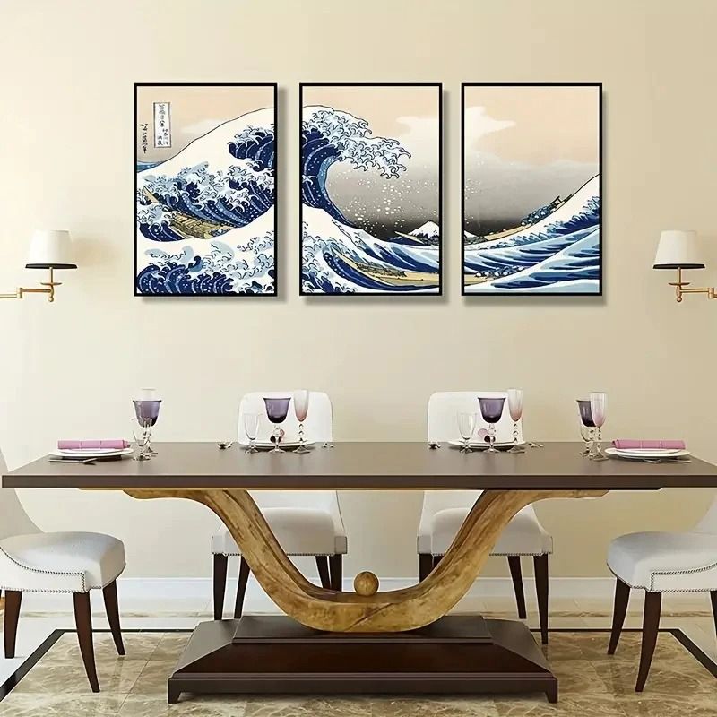 Japanese Style Canvas Print Poster Set Waves Of Kanagawa Wall Art 3