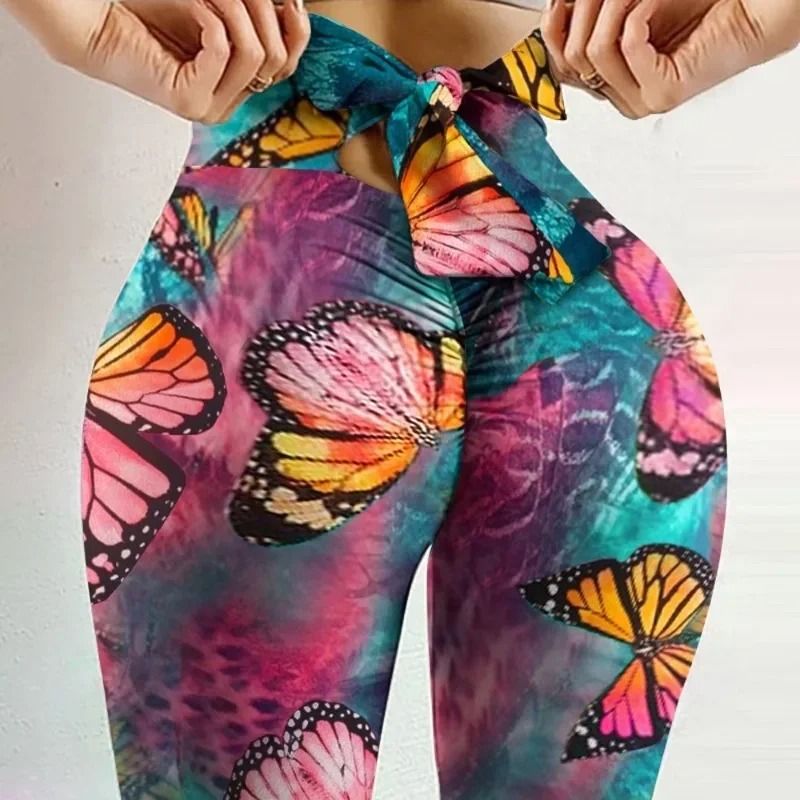 High Waist Butterfly Print Leggings With Bow Bandage Design For Yoga And Fitness 9