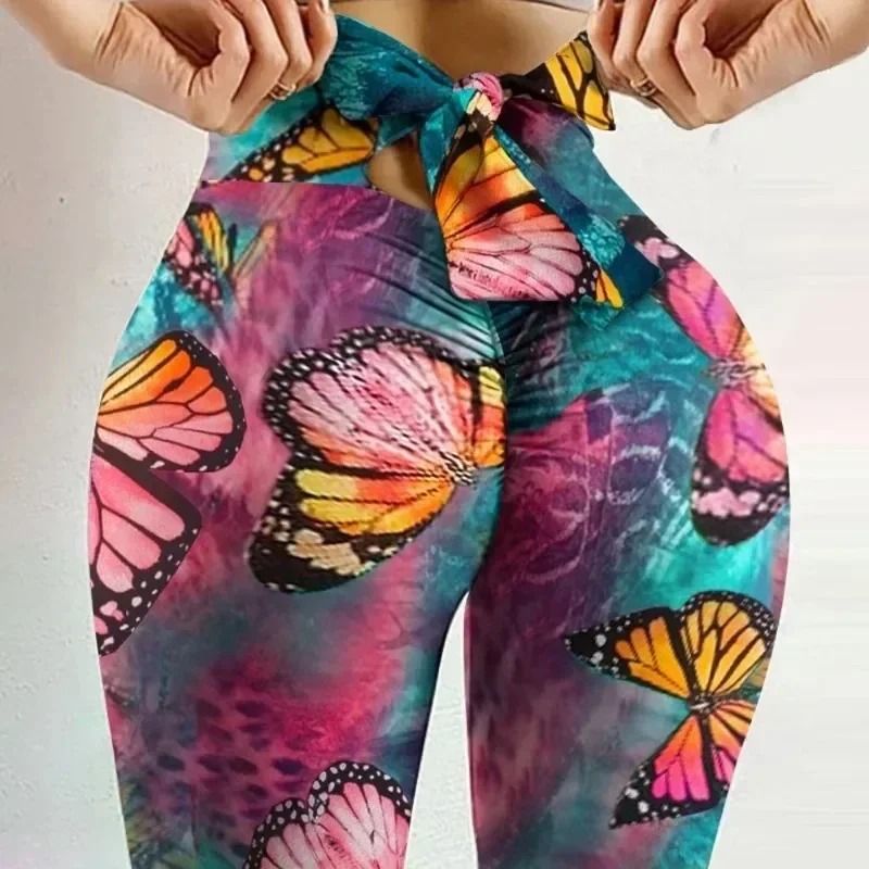 High Waist Butterfly Print Leggings With Bow Bandage Design For Yoga And Fitness 1
