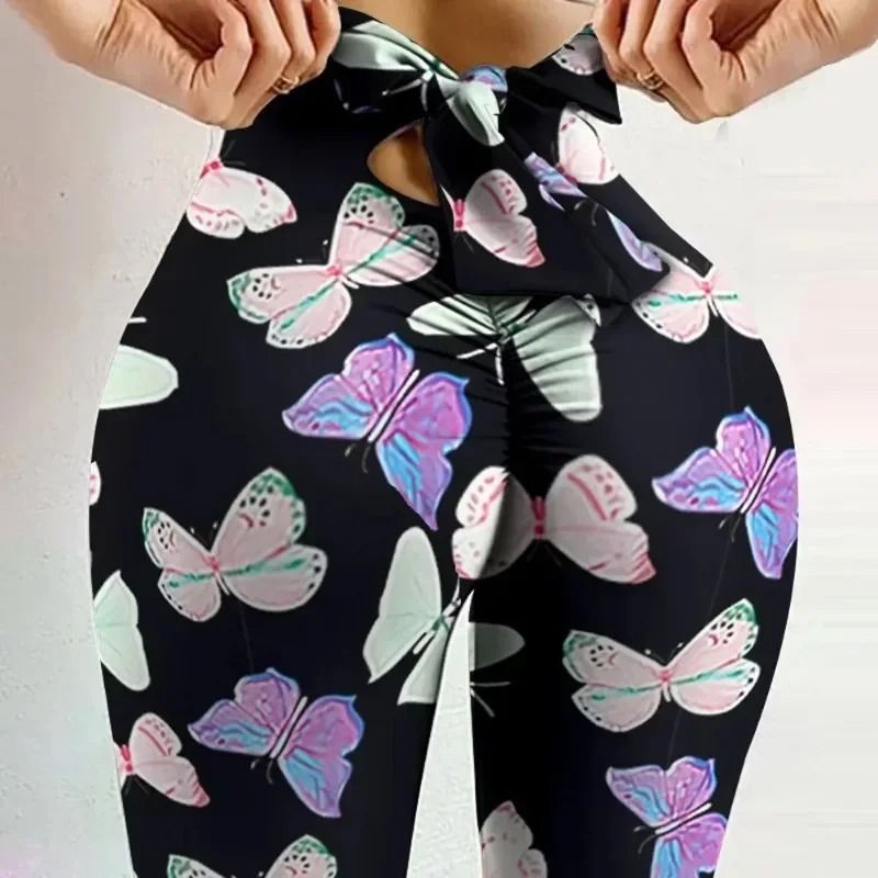 High Waist Butterfly Print Leggings With Bow Bandage Design For Yoga And Fitness 4