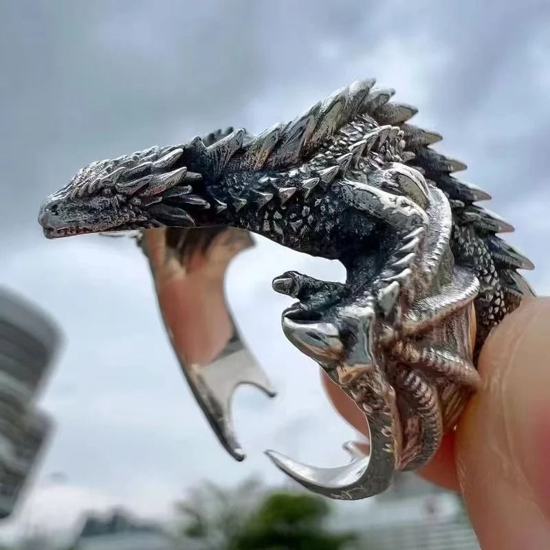 Antique Silver Dragon Wing Adjustable Ring For Men Gothic Punk Jewelry 1