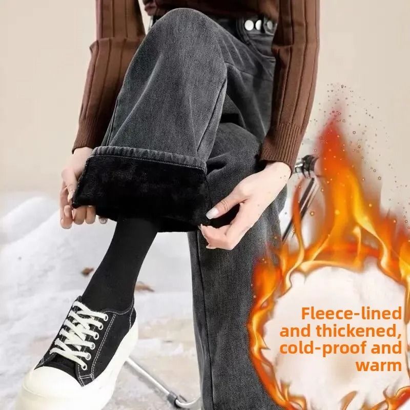 Thickened Fleece Lined Womens Wide Leg Jeans Winter Warm Straight Cut Pants 0
