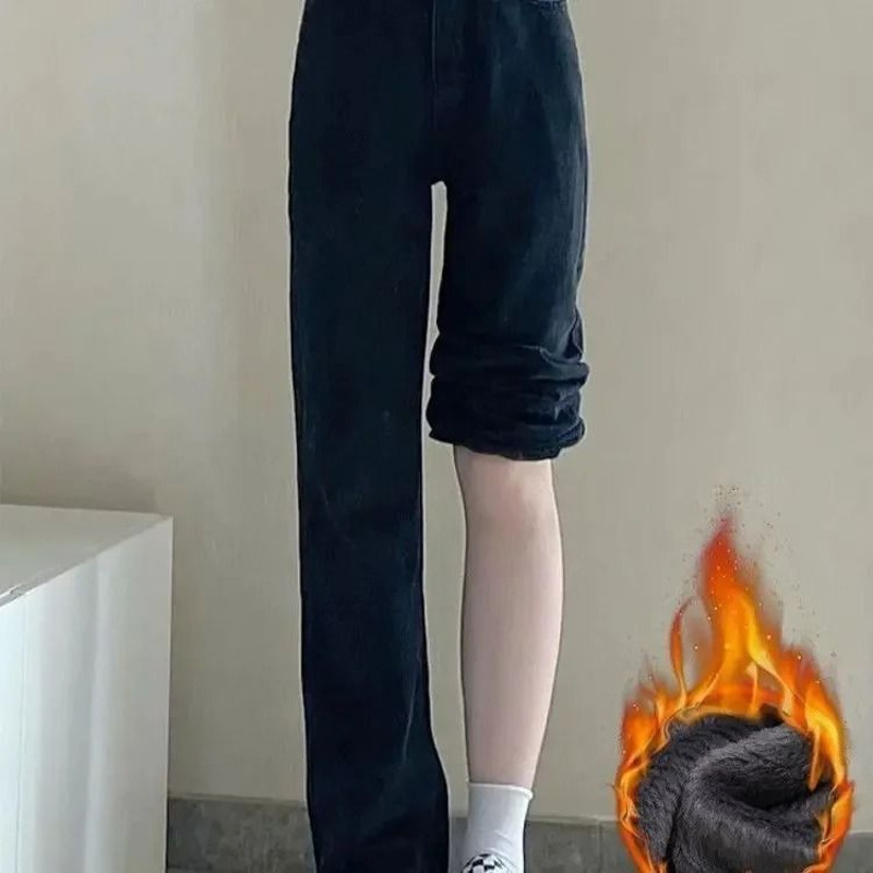 Thickened Fleece Lined Womens Wide Leg Jeans Winter Warm Straight Cut Pants 10