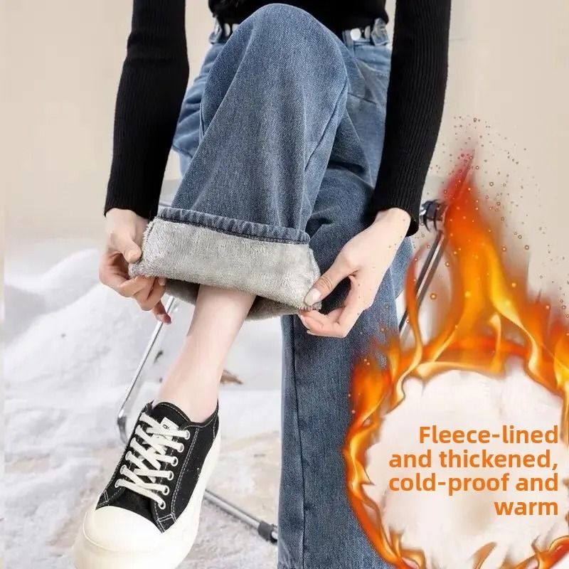 Thickened Fleece Lined Womens Wide Leg Jeans Winter Warm Straight Cut Pants 5