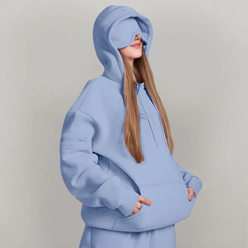 Unisex Hooded Sweatshirt With Built In Eye Mask Casual Long Sleeve Pullover 2