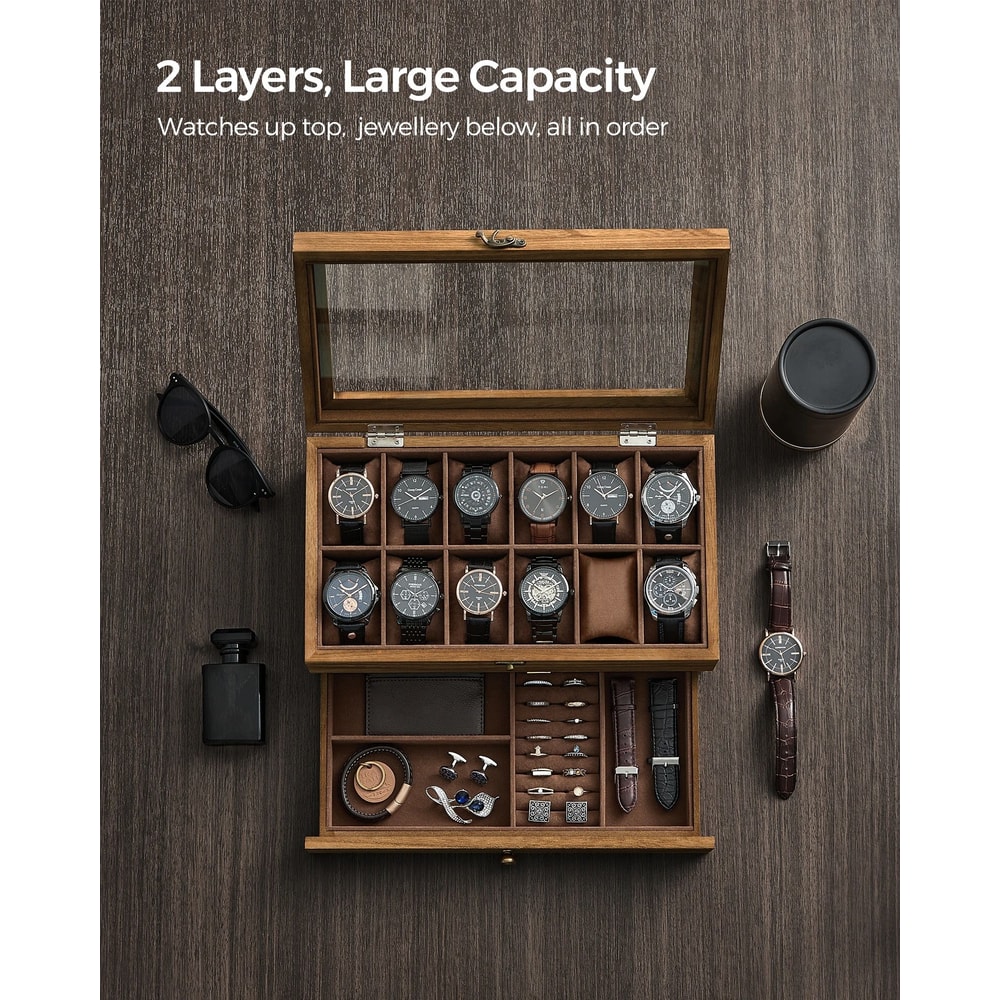 Two Tier Watch Box With Glass Lid Velvet Lining And Removable Pillows 2