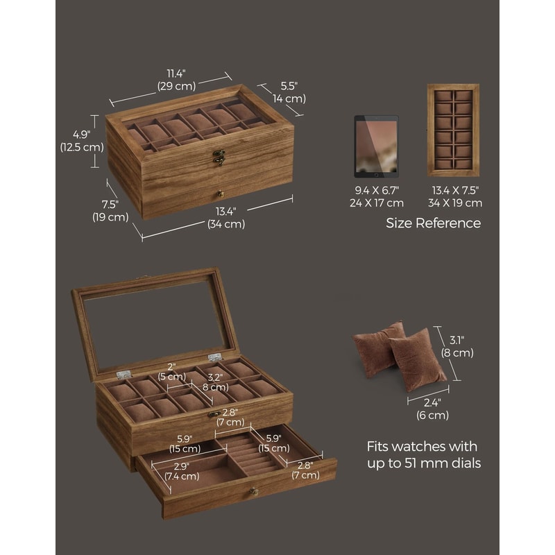 Two Tier Watch Box With Glass Lid Velvet Lining And Removable Pillows 4