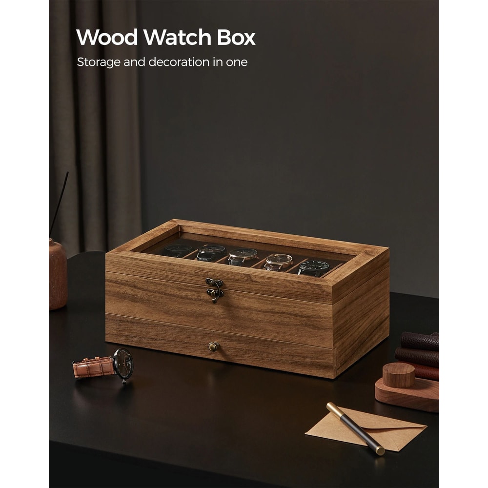 Two Tier Watch Box With Glass Lid Velvet Lining And Removable Pillows 5