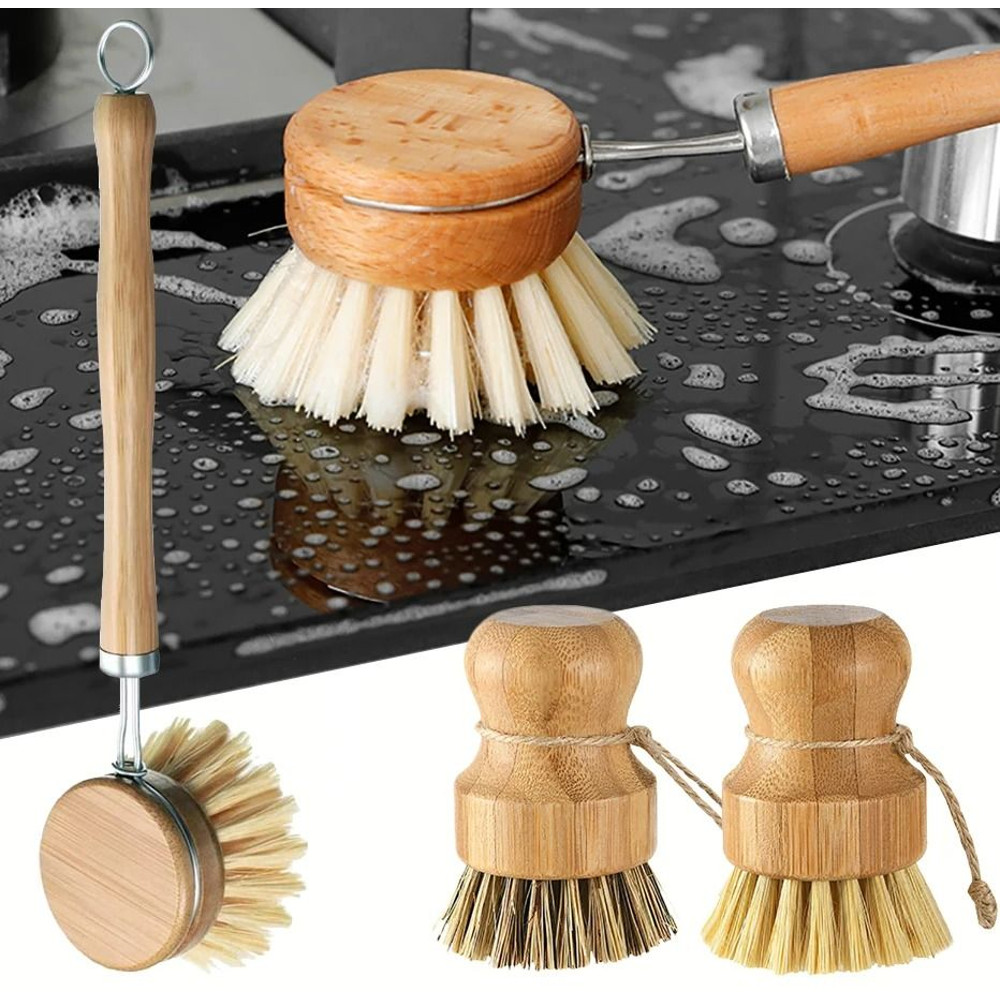 Bamboo Kitchen Cleaning Brush Natural Dish Scrubber Set 0
