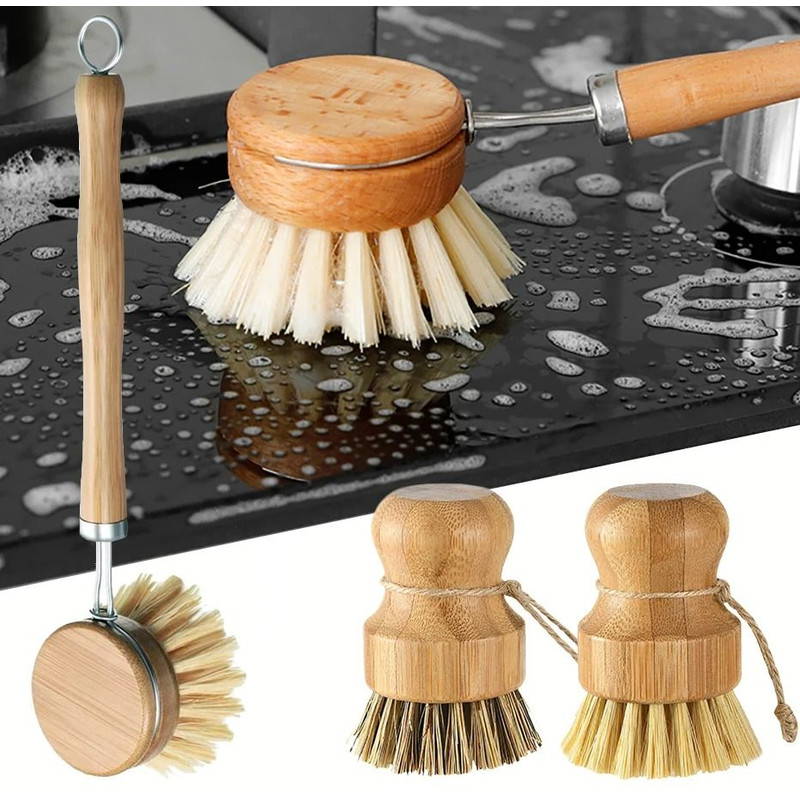 Bamboo Kitchen Cleaning Brush Natural Dish Scrubber Set 0