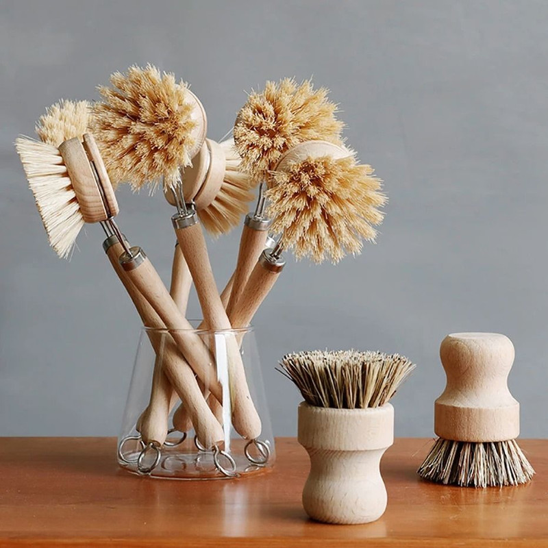 Bamboo Kitchen Cleaning Brush Natural Dish Scrubber Set 2