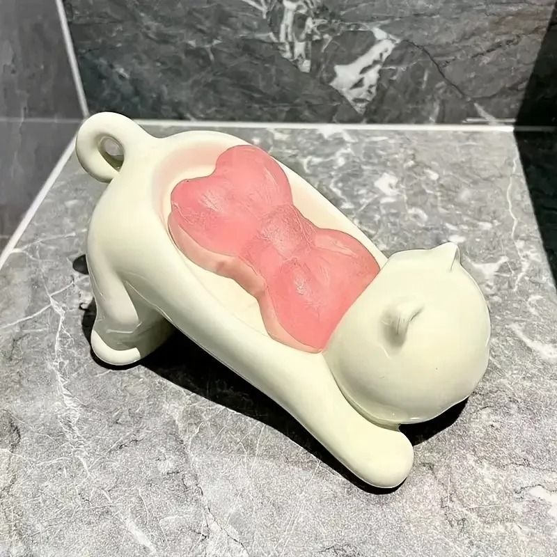 Cute Cartoon Cat Soap Dish With Drainage Plastic Holder 5