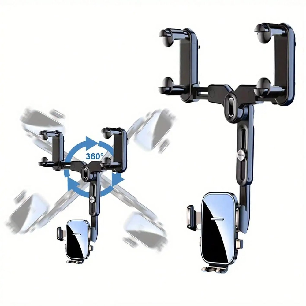 360 Degree Adjustable Car Rearview Mirror Phone Holder With Retractable Clamp Design 6