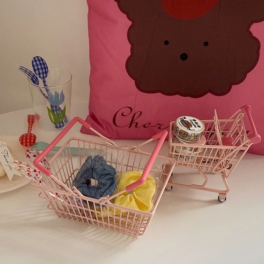 Ins Cute Pink Trolley Shopping Basket Storage Toy Desktop Decoration 0
