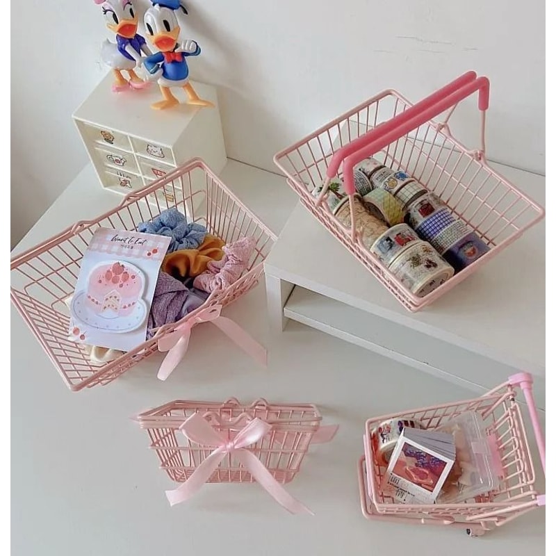 Ins Cute Pink Trolley Shopping Basket Storage Toy Desktop Decoration 1