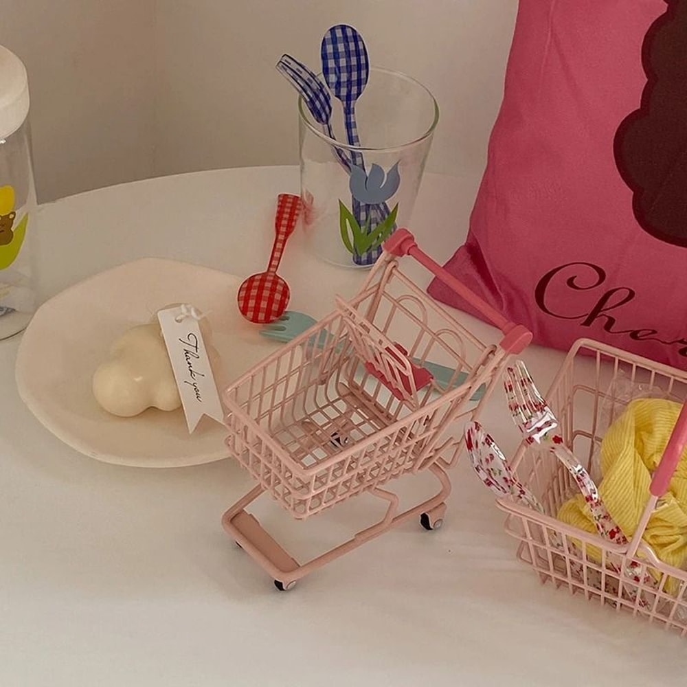 Ins Cute Pink Trolley Shopping Basket Storage Toy Desktop Decoration 4