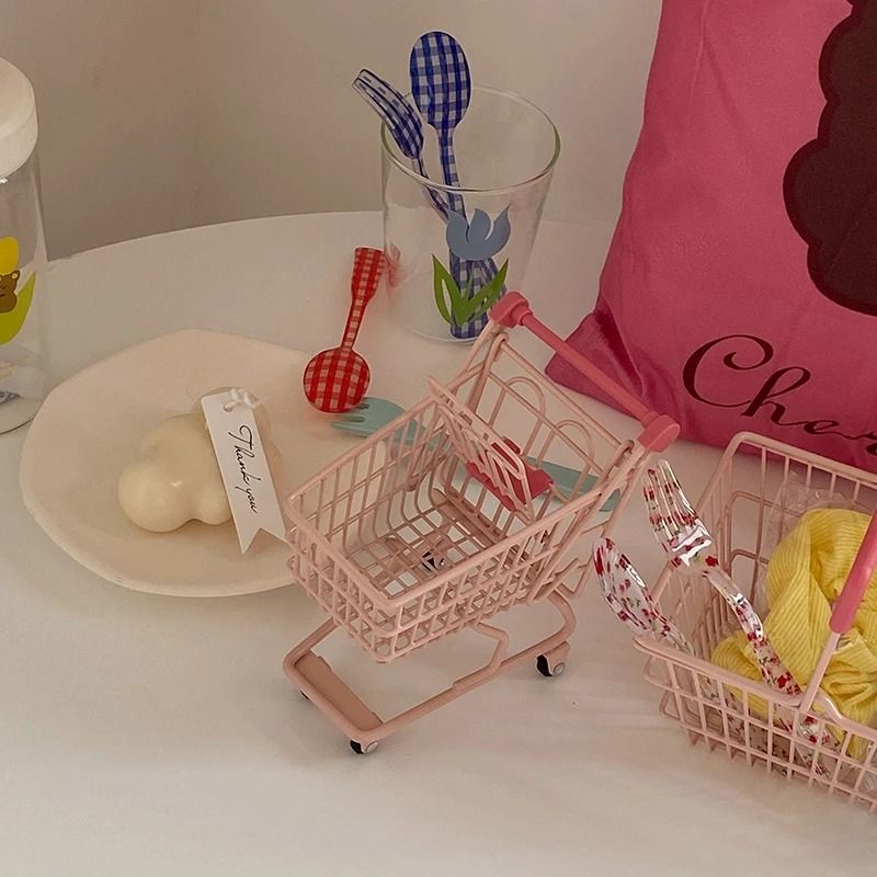 Ins Cute Pink Trolley Shopping Basket Storage Toy Desktop Decoration 4
