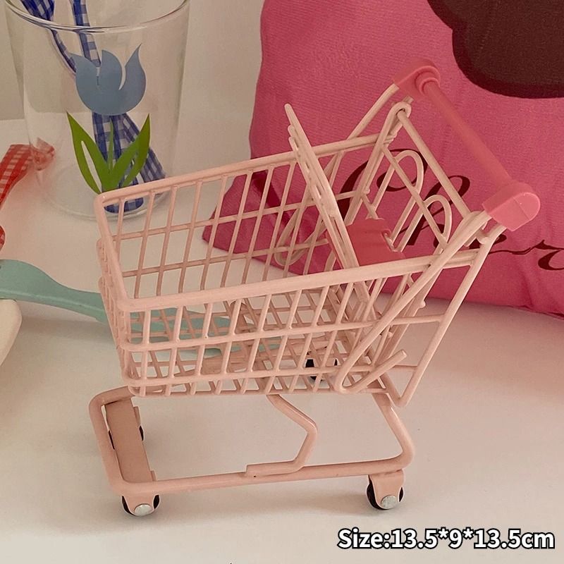 Ins Cute Pink Trolley Shopping Basket Storage Toy Desktop Decoration 5