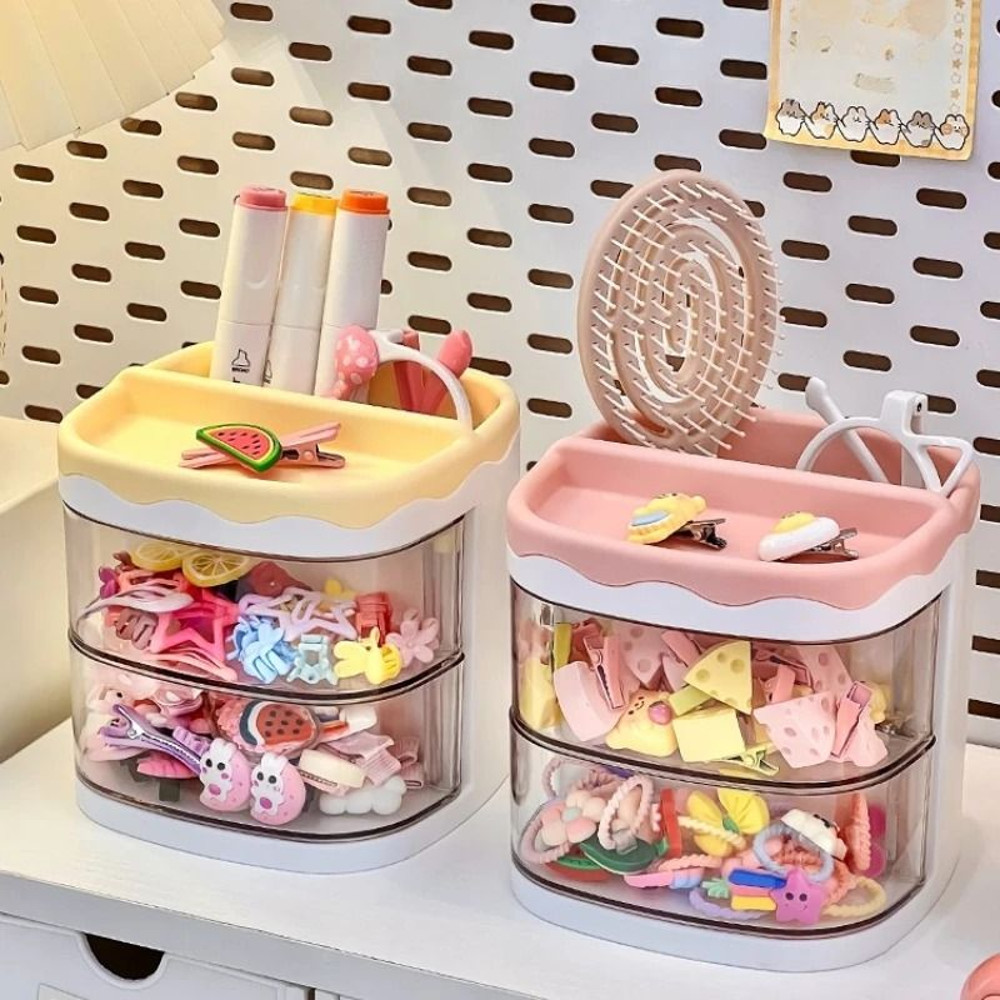 Cute Two Layer Hair Accessories Storage Box For Kids Desk And Jewelry Organization 0