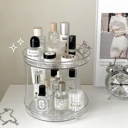 two layer rotating acrylic cosmetic storage shelf for makeup and skincare organization