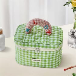 cute check pattern makeup bucket bag for ladies travel and storage