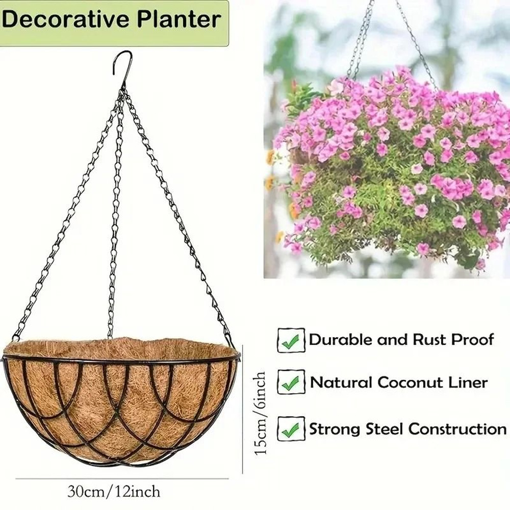 12 Inch Hanging Basket Flowerpot Indoor Outdoor CoconutStyle Planter 8