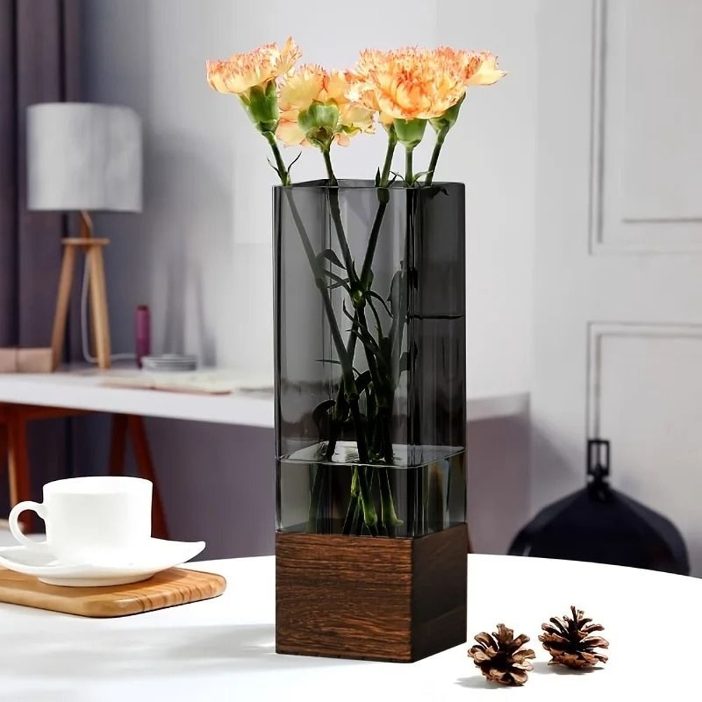 Nordic Style Acrylic Vase With Wooden Base For Home Decor And Floral Arrangements 1
